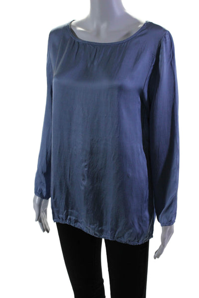 Luna Womens Satin Blue Crew Neck Long Sleeve Blouse Top Size S