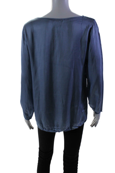 Luna Womens Satin Blue Crew Neck Long Sleeve Blouse Top Size S