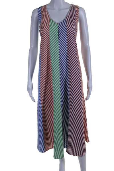 MDS Stripes Womens Sleeveless V Neck Striped Dress Multicolored Cotton Size 0