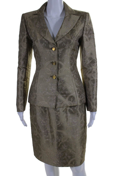 Pamela Dennis Womens Three Button Paisley Silk Skirt Suit Brown Size 6