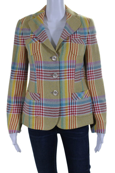 Rena Lange Womens Three Button Plaid Blazer Jacket Yellow Multi Silk Size 8