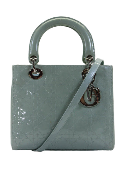 Christian Dior Womens Cannage Quilted Lady Dior Handbag Green Patent Leather