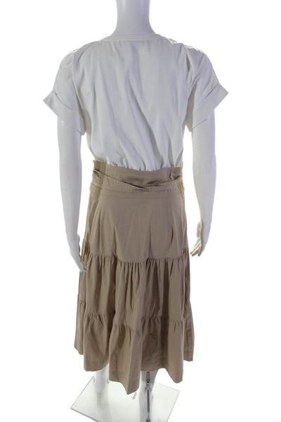 Veronica Beard Women's Short Sleeves Belted Waist Tiered Midi Dress Beige Size S