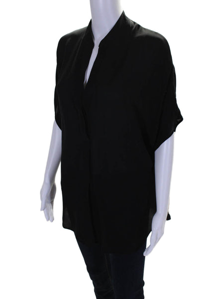 Vince Women's V-Neck Short Sleeves Sheer Pleated Front Blouse Black Size M