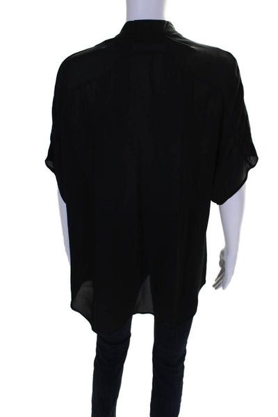 Vince Women's V-Neck Short Sleeves Sheer Pleated Front Blouse Black Size M