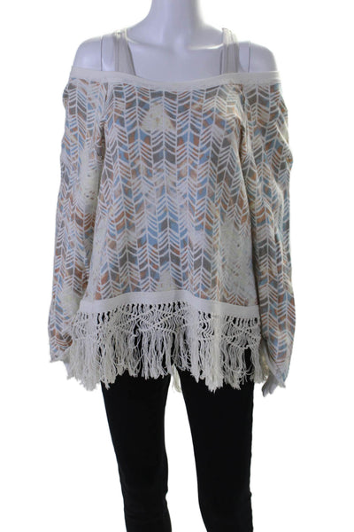 Free People Womens Scoop Neck Fringe Trim Printed Sweater White Multi Large