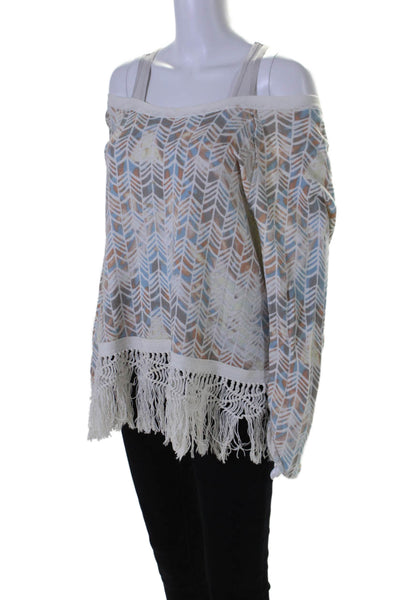 Free People Womens Scoop Neck Fringe Trim Printed Sweater White Multi Large