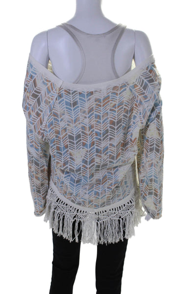 Free People Womens Scoop Neck Fringe Trim Printed Sweater White Multi Large