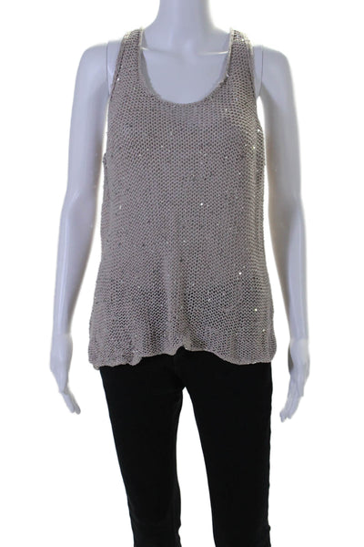 Eileen Fisher Womens Scoop Neck Open Knit Sequin Tank Top Brown Size Large