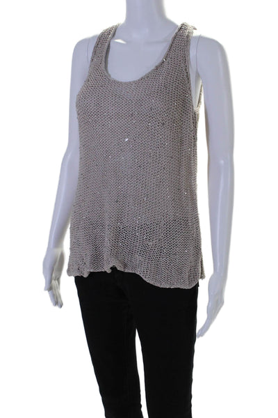 Eileen Fisher Womens Scoop Neck Open Knit Sequin Tank Top Brown Size Large