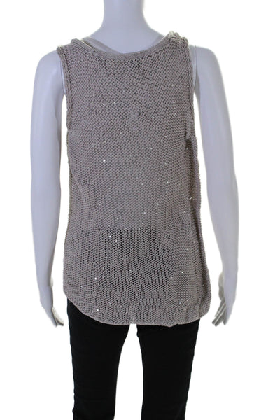 Eileen Fisher Womens Scoop Neck Open Knit Sequin Tank Top Brown Size Large