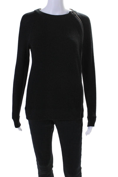 Vince Womens Knit Round Neck Long Sleeve Zip Up Sweater Top Black Size XXS