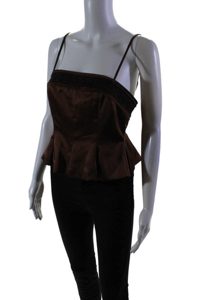 Gianni Bini Womens Brown Sleeveless Zip Back Peplum Crop Blouse Top Size S