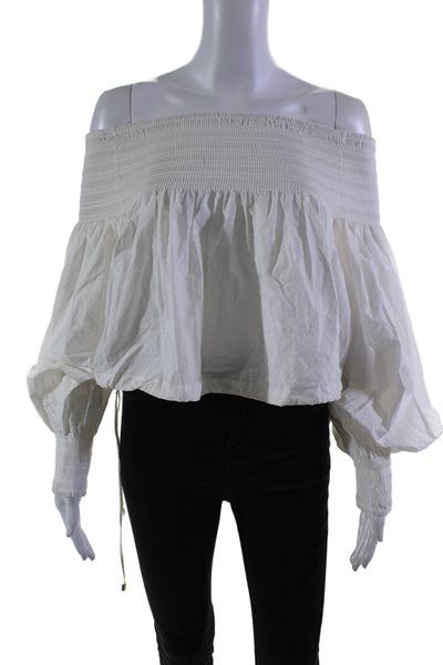 Mes Demoiselles Womens Cotton White Smocked Off Shoulder Crop Blouse Top Size 34