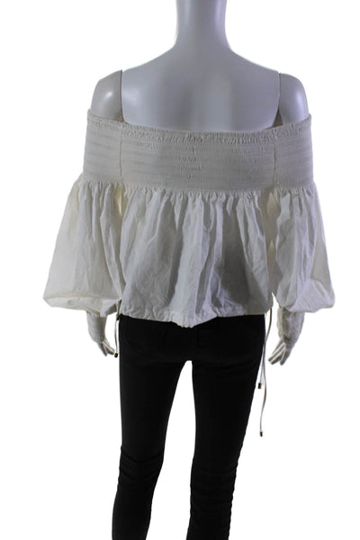 Mes Demoiselles Womens Cotton White Smocked Off Shoulder Crop Blouse Top Size 34