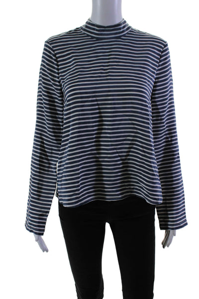 Jenni Kayne Womens Silk Striped Print Mock Neck Long Sleeve Blouse Blue Size S