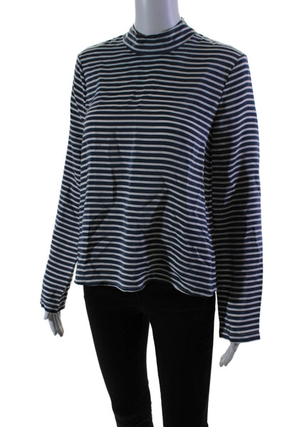 Jenni Kayne Womens Silk Striped Print Mock Neck Long Sleeve Blouse Blue Size S