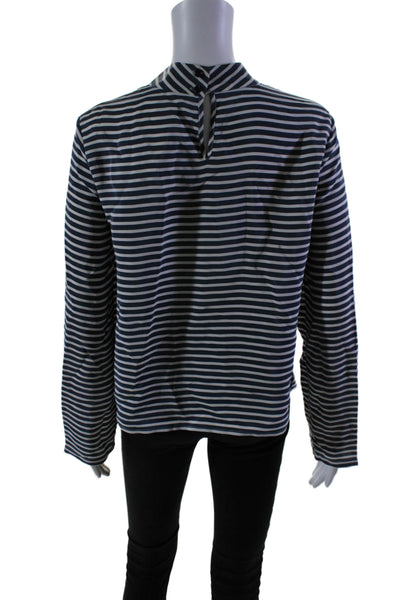 Jenni Kayne Womens Silk Striped Print Mock Neck Long Sleeve Blouse Blue Size S