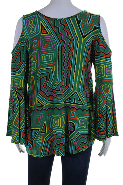 Voom by Joy Han Womens Geometric Striped V-Neck Flare Sleeve Blouse Green Size L