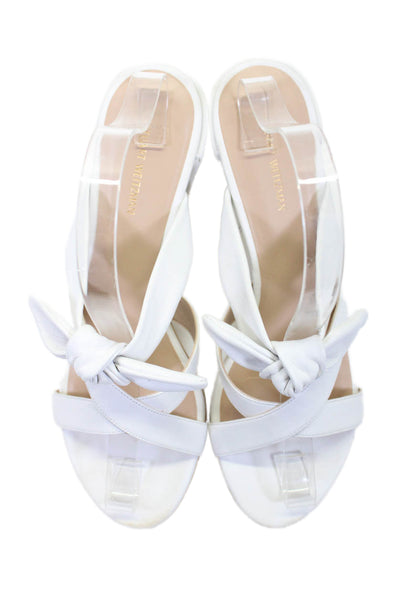 Stuart Weitzman Womens Leather Bow Tied Open Toe Block Heels Mules White Size 9