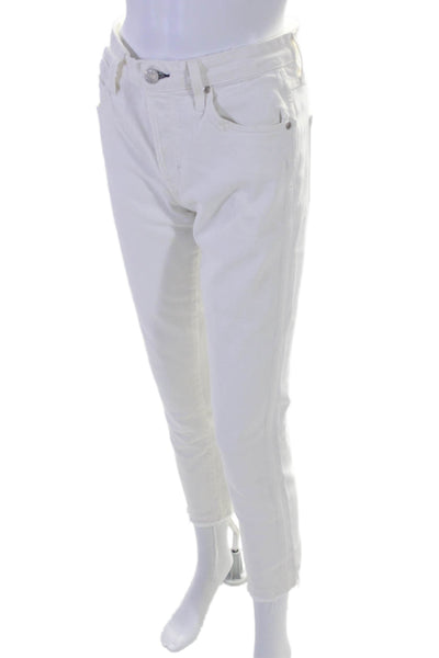 Amo Womens Button Fly High Rise Fringe Ankle Straight Leg Jeans White Size 27