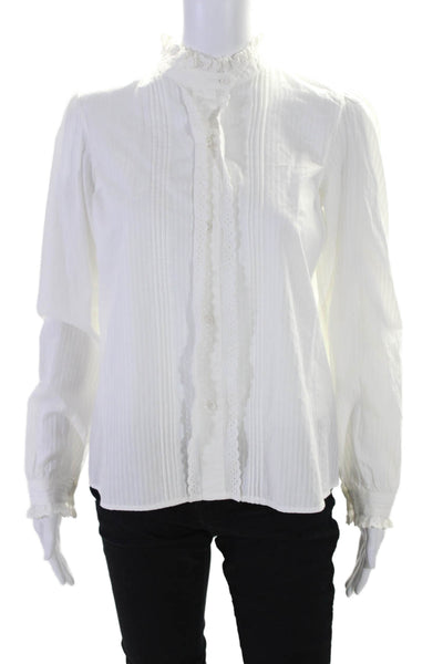 Nili Lotan Womens Button Front Long Sleeve Lace Trim Shirt White Cotton Small