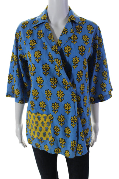 Rhode Resort Womens Floral Print Shirt Blue Yellow Cotton Size Extra Small