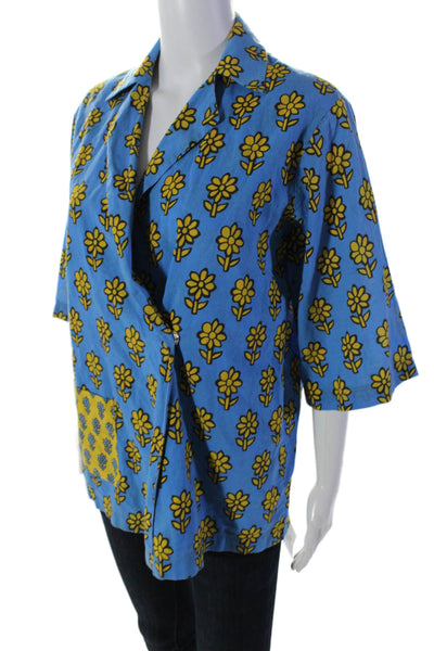 Rhode Resort Womens Floral Print Shirt Blue Yellow Cotton Size Extra Small