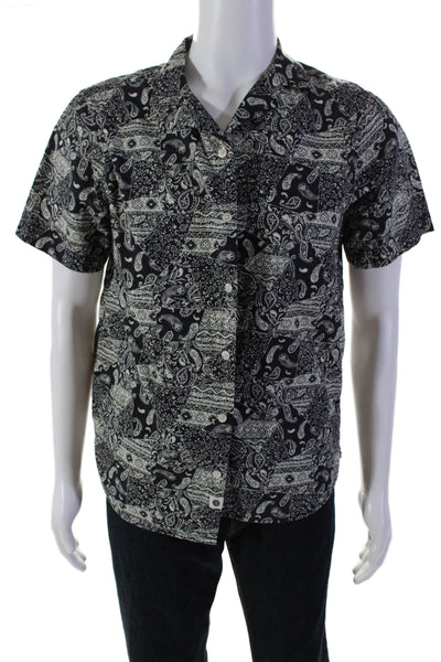 Anerkjendt Mens Paisley Print Button Down Shirt Black White Cotton Size Medium