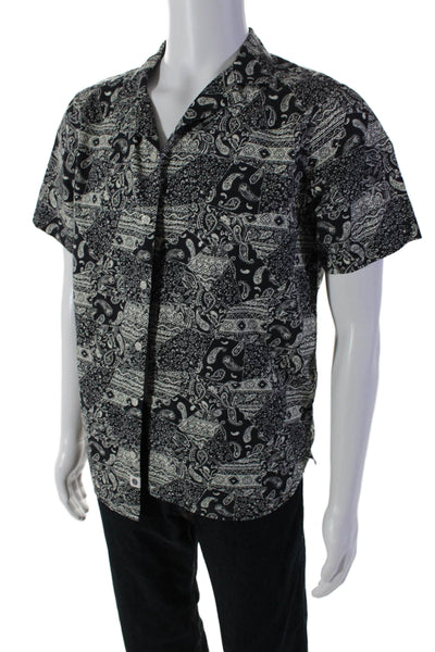 Anerkjendt Mens Paisley Print Button Down Shirt Black White Cotton Size Medium