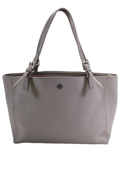 Tory Burch Saffiano Leather Double Strap Large Tote Shoulder Handbag Gray