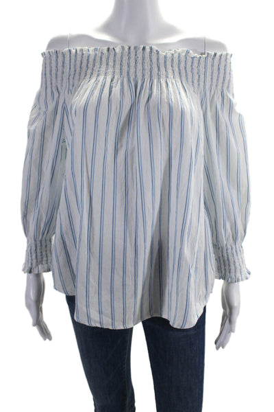 Faithfull Womens Cotton White Striped Off Shoulder 3/4 Sleeve Blouse Top Size 4