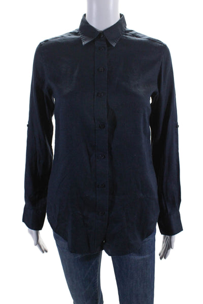 Lauren Ralph Lauren Womens Linen Navy Long Sleeve Button Down Shirt Size PXS