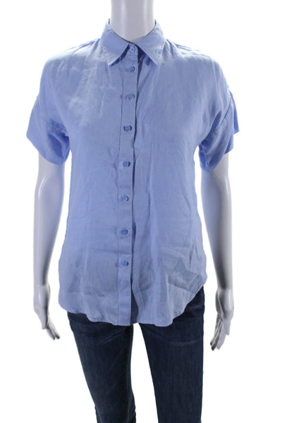 Lauren Ralph Lauren Womens Linen Blue Short Sleeve Button Down Shirt Size PXS