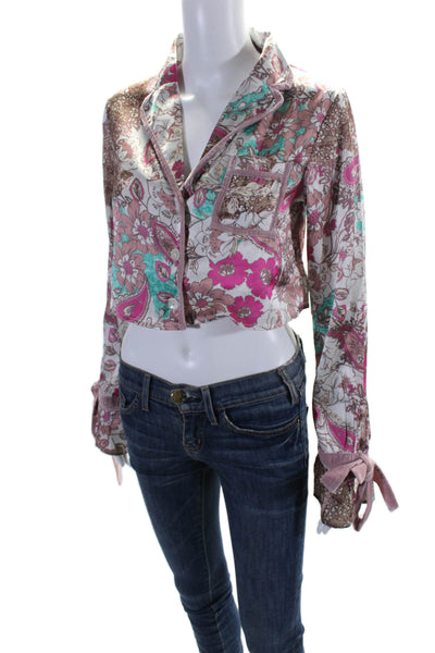 Beach Riot Womens Floral Print Buttoned V-Neck Cropped Blouse Top Pink Size S