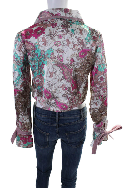 Beach Riot Womens Floral Print Buttoned V-Neck Cropped Blouse Top Pink Size S