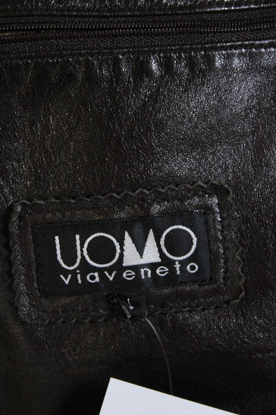 Uomo Viaveneto Mens Leather Button Down Crew Neck Jacket Brown Size Large