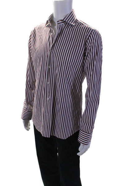 Luca Grimaldi Mens Button Up Collared Vertical Striped Shirt Red White Size 16