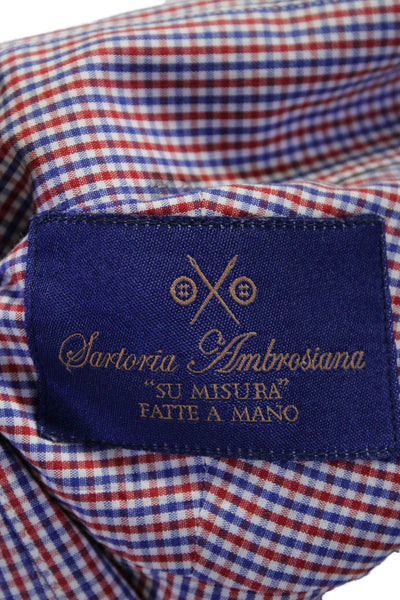 Sartoria Ambrosiana Mens Button Front Collared Plaid Shirt Red White Blue 16