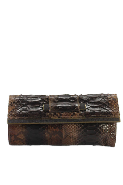 R&Y Augousti Womens Python Skin Stingray Trim Gold Tone Clutch Handbag Brown