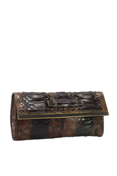 R&Y Augousti Womens Python Skin Stingray Trim Gold Tone Clutch Handbag Brown