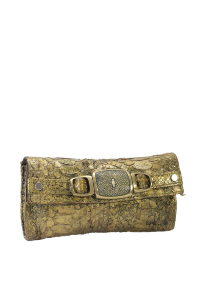 R&Y Augousti Womens Python Skin Stingray Button Closure Clutch Handbag Gold