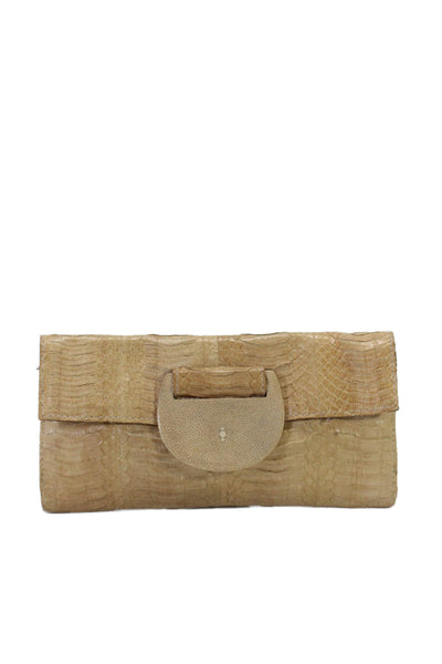 R&Y Augousti Womens Python Skin Stingray Closure Flap Clutch Handbag Beige