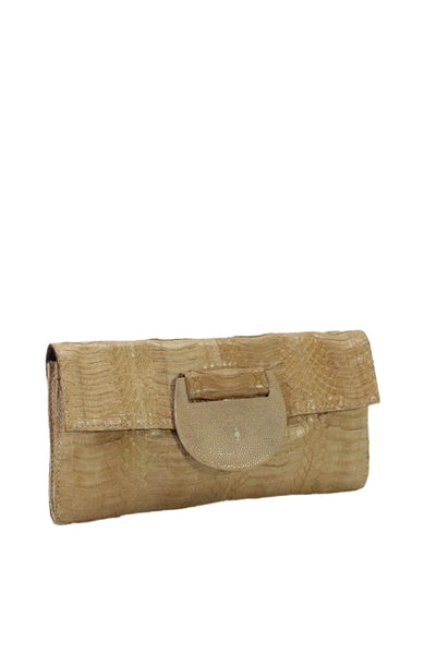 R&Y Augousti Womens Python Skin Stingray Closure Flap Clutch Handbag Beige