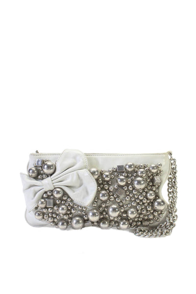 Betsey Johnson Womens Leather Beaded Bow Silber Toe Wristlet Clutch Handbag Whit