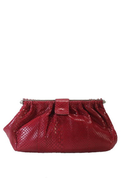 Joseph Womens Python Skin Button Closure Silver Tone Clutch Handbag Red