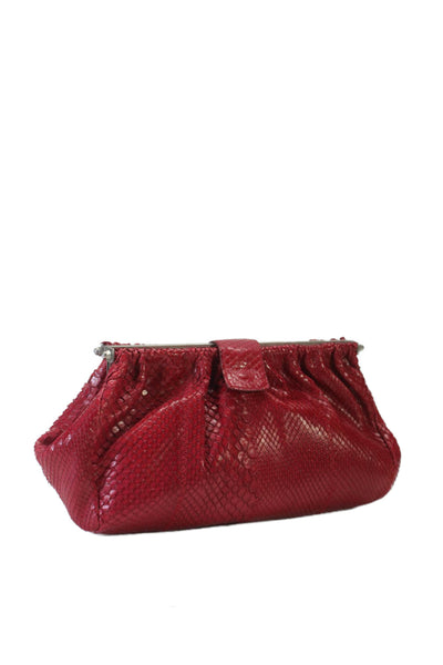 Joseph Womens Python Skin Button Closure Silver Tone Clutch Handbag Red