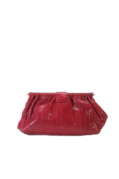 Joseph Womens Python Skin Button Closure Silver Tone Clutch Handbag Red