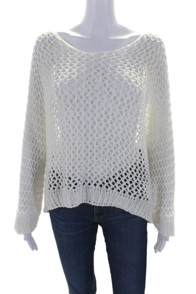 Brand Bazar Womens Open Knit Long Sleeve Pullover Sweater Top White Size M