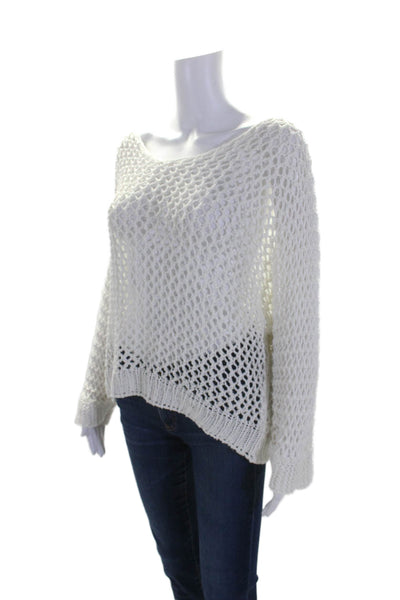 Brand Bazar Womens Open Knit Long Sleeve Pullover Sweater Top White Size M